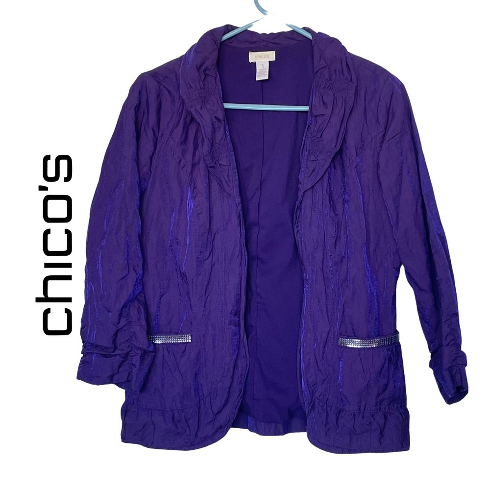 Chico's Women's Purple Metallic M12 Sharon Open Jacket Sz 1